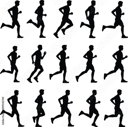 Running man silhouette set showing jogging and sprint motion, athlete exercise poses isolated on white background, flat vector illustration