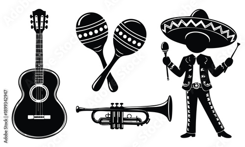 Mariachi band music icons silhouette set bundle