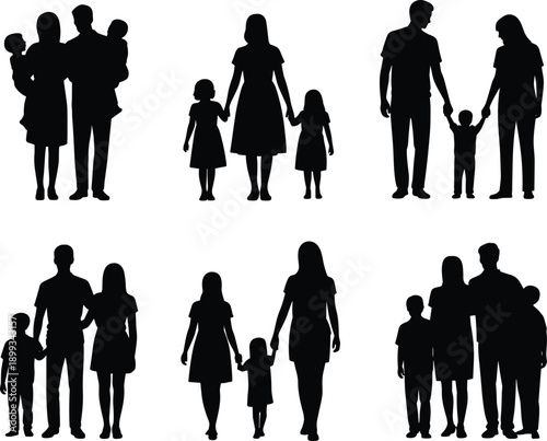 Family silhouettes collection illustration, parents and children standing together representing love, care, parenthood, childhood, protection and family bond flat vector