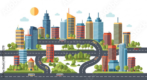 Modern cityscape with skyscrapers and winding roads flat vector illustration for urban development and city life concepts isolated on white