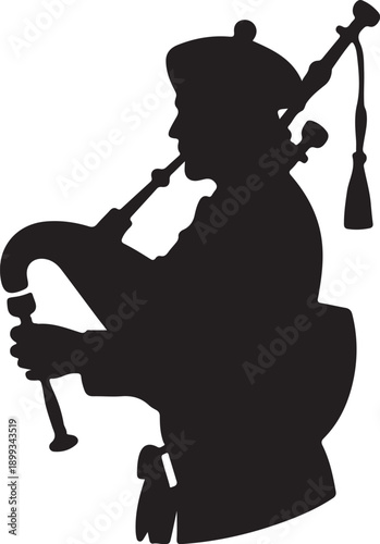 Bilde på lerret Scottish Bagpiper in Traditional Dress Playing Bagpipes Full Body Side View Blac