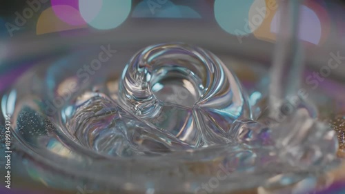 Close up of a clear viscous gel being poured with iridescent reflections and colorful bokeh.