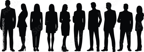 Business professional silhouettes in diverse postures, workplace team concept, corporate attire and unity theme, standing group formation, flat vector illustration