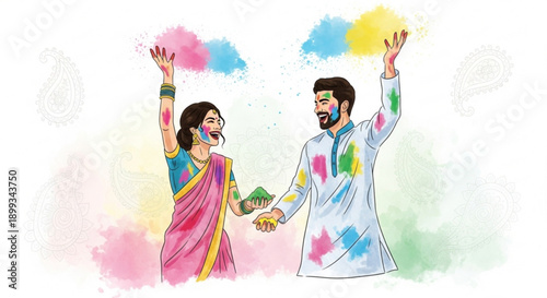 Couple celebrating Holi festival with colored powder traditional Indian attire joyful cultural event illustration on white background