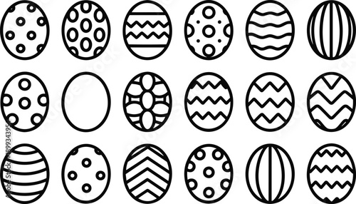 Collection of 18 minimalist outline Easter egg icons featuring various geometric patterns like dots, stripes, and zigzags, perfect for holiday design and spring celebrations.