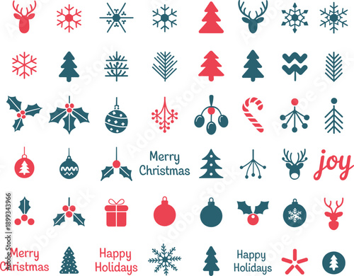 Trendy vector collection of minimalist Christmas and winter holiday icons, showcasing deer heads, snowflakes, trees, holly, and ornaments in a festive red and teal flat design for seasonal graphics.