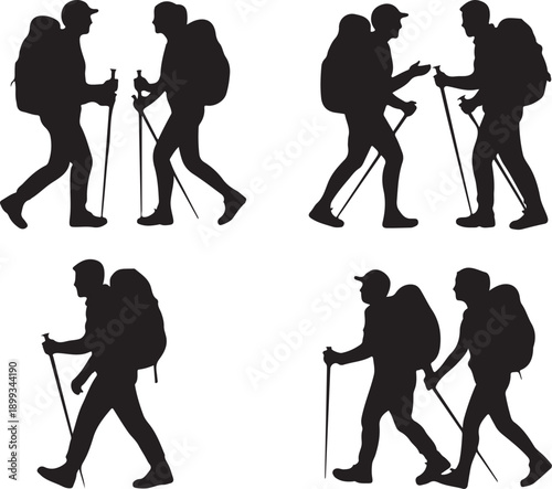 Set of Hiking Couple Silhouette in various poses isolated on transparent background