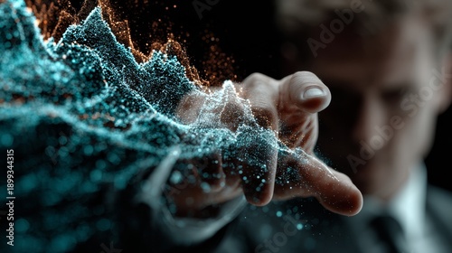 Visionary executive manipulates vibrant digital data streams, revealing future trends and innovation possibilities with a futuristic touch