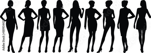 Elegant female silhouettes in fashionable dresses, stylish poses, high heels, runway stance, black vector art on white background – flat vector illustration