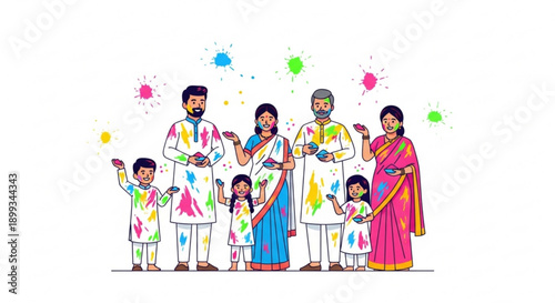 Indian family celebrating Holi festival with colorful powder traditional clothing vector illustration for festive design