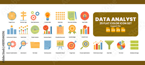 Data analyst icon set. 25 flat color icons for data visualization and business reports.