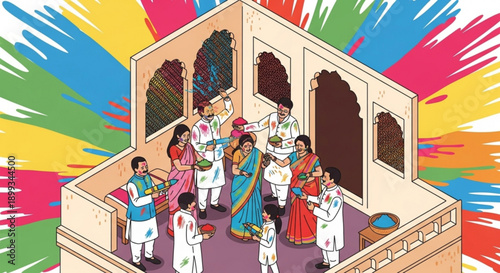 Indian family celebrating Holi festival with colors joyful gathering on a balcony vibrant cultural event illustration