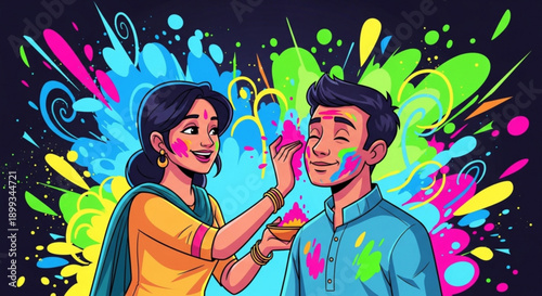 Couple celebrating Holi festival with vibrant color powder joyful cultural tradition festive Indian holiday illustration