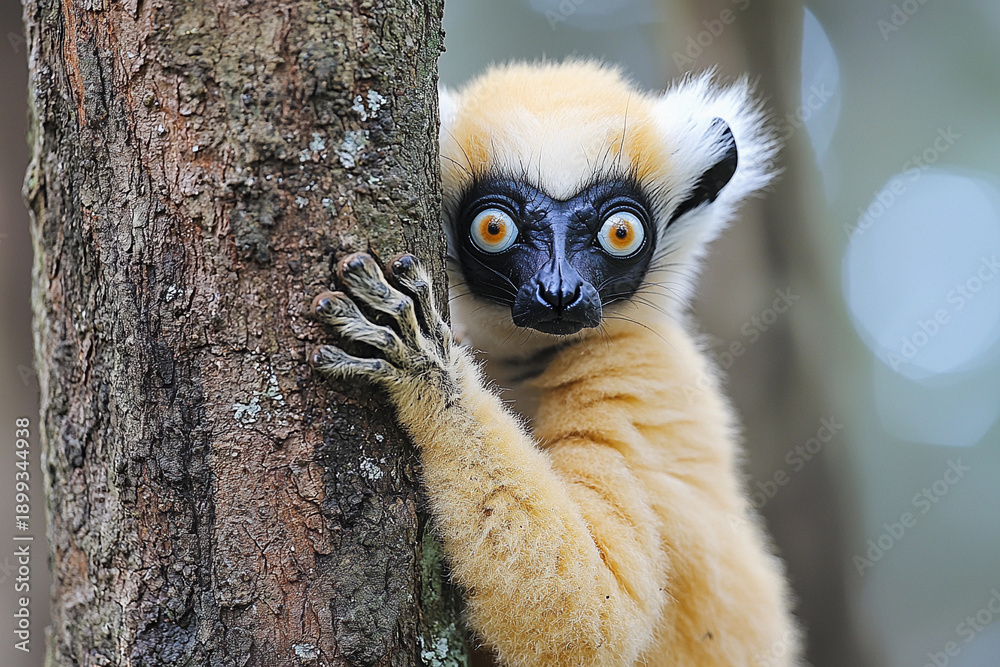 Obraz premium Coquerels sifaka lemur peeks from behind a tree Generative AI