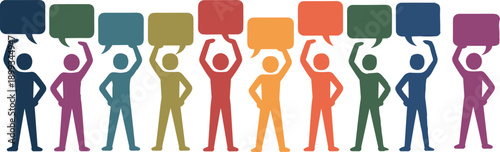 Colorful silhouettes with speech bubbles, diversity and dialogue concept, community engagement and expression theme, communication unity design, flat vector illustration