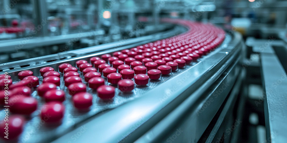 Obraz premium Pills move along the production line in a factory setting Generative AI