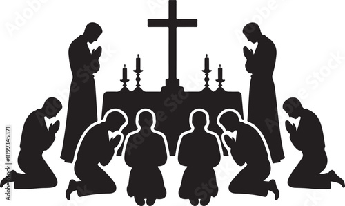 Silhouette of worshippers kneeling before altar with cross
