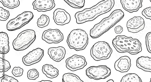 Artistic Illustration of Various Pickles, Kitchen, Food Art, Black and White, Top View, Culinary Creativity