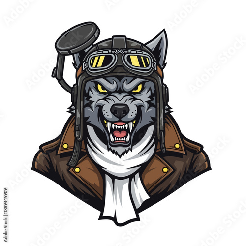 Aggressive Wolf Pilot Wearing Aviator Goggles and Leather Jacket, Fierce Animal Character