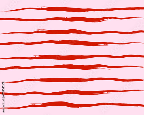 Set of uneven horizontal red stripes drawn with rough brush on blush pink background. Hand drawn grunge seamless pattern illustration. Vector abstract striped pattern.