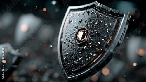 Intricate metallic shield with glowing core and sparkling particles, symbolizing protection, strength, and resilience in a dynamic, abstract setting.