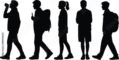 Travelers silhouette set showing male and female backpackers walking and resting, outdoor journey tourism concept, isolated flat vector illustration