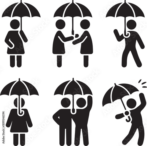 Stickman couple with umbrella icon set. Black pictogram of rain resistant accessory