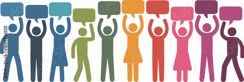 Colorful silhouettes with speech bubbles, inclusive dialogue and opinion sharing concept, community engagement and communication theme, flat vector illustration