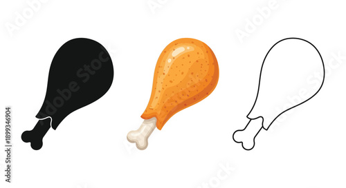 Set of three chicken drumstick icons in solid black silhouette, realistic color illustration, and simple outline drawing styles