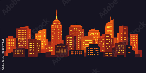 New York City skyline at night vector illustration of skyscrapers and urban buildings