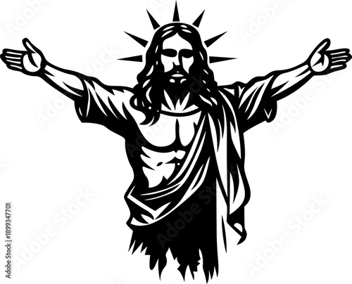 Iconic depiction of christ with arms outstretched in a moment of divine grace