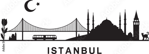 Vector panoramic illustration Istanbul with black silhouette of turkish symbols and landmarks of Turkey. Hand drawn elements Galata tower, bridge, tram, mosque. Horizontal banner or print design