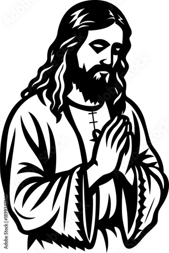 Serene depiction of a contemplative figure with long hair and clasped hands