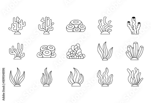 Minimal Cute Coral Reef and Seaweed Icons Set Flat Marine Vector Isolated on White Background