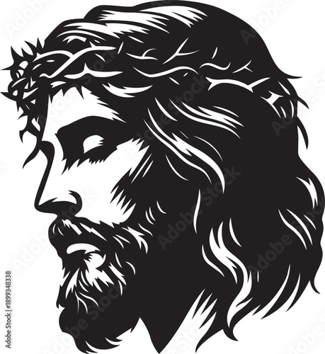 Classic depiction of a bearded man wearing a crown of thorns