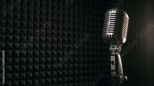 Vintage microphone in soundproof studio booth. Classic microphone on stand near acoustic foam, microphone ready for podcasting, voiceover, World Radio Day promo, dark moody copy space