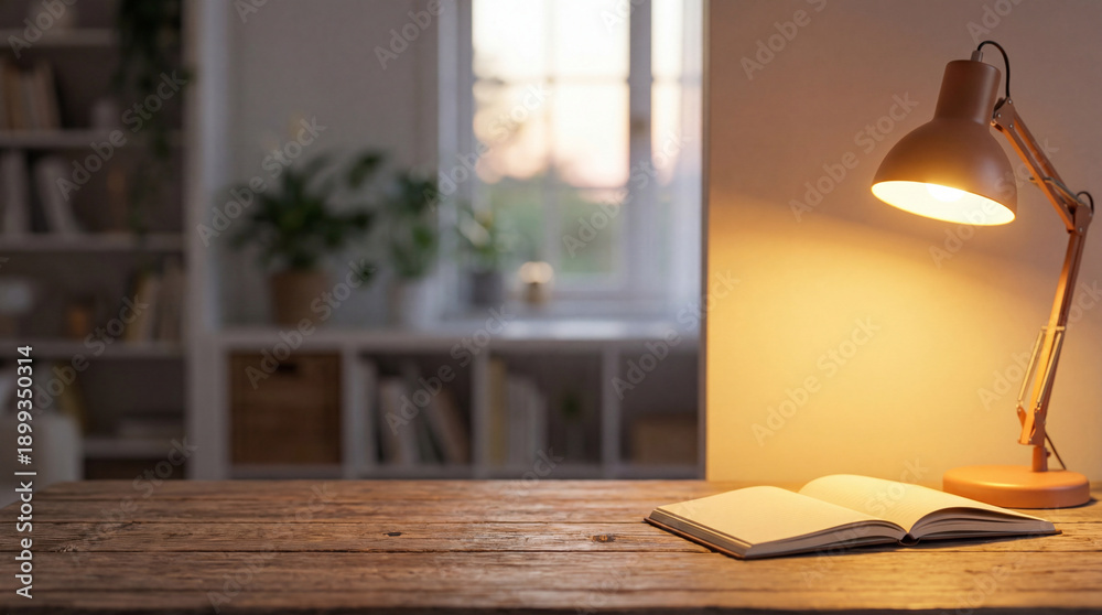 Fototapeta premium Desk lamp lights open book. Warm lamp glow on wooden desk, home office reading corner with lamp for backtoschool study, examseason prep, World Book Day posts, cozy evening mood, soft blur