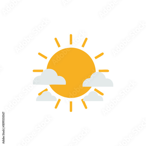 Stylized sun partially obscured by three white clouds, radiating light