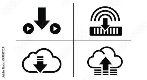 Cloud computing and data transfer icons on white background