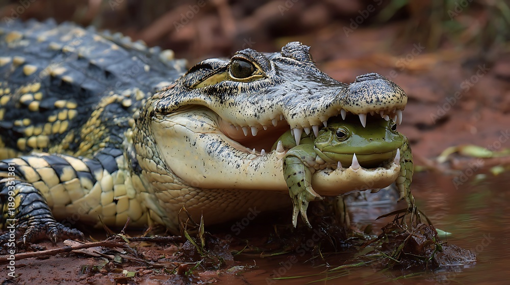 Fototapeta premium A wild alligator with prehistoric scales and a focused eye rests in the swampy Everglades wildlife, resembling a natural dragon among the reptiles and animals of the nature reserve