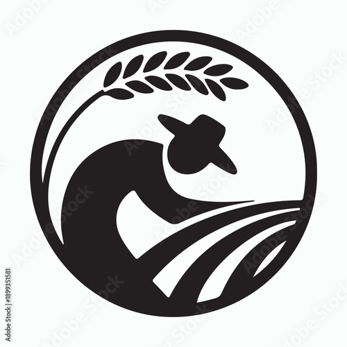 Farmer harvesting rice in circular minimalist black and white illustration logo design