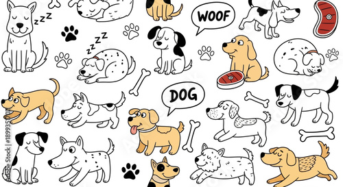 Cute cartoon dogs and puppies in a playful seamless pattern with bones, paw prints, and speech bubbles on a white background.