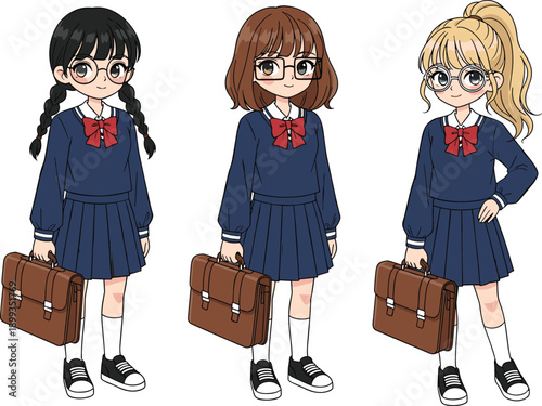 Cute anime style school girls in uniform holding school bags, student character set illustration for education, back to school, and teenage lifestyle concept.