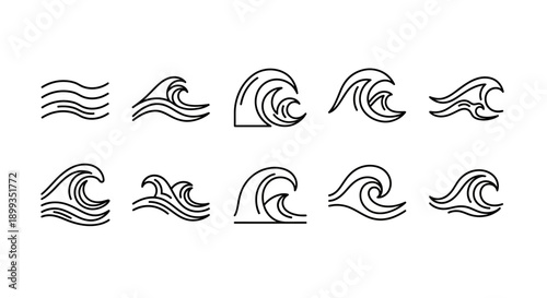 Collection of various black outline wave icons depicting ocean and water movement.