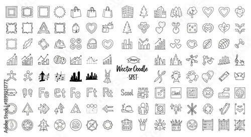 A large collection of hand-drawn vector doodle icons representing various concepts like business, nature, and lifestyle.
