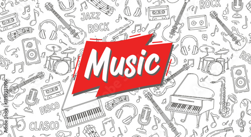 A vibrant red banner with 'Music' text on a white background filled with hand-drawn musical instruments and genre labels.