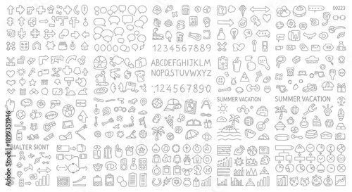A vast collection of simple, hand-drawn line art icons representing various themes like communication, numbers, letters, summer, water, and business.