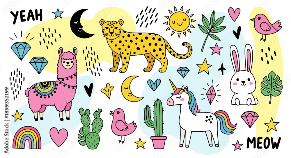 Fototapeta premium A vibrant collection of cute cartoon animals and whimsical elements like a leopard, llama, unicorn, bunny, sun, moon, stars, and diamonds on a colorful background.
