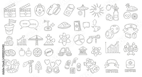 A collection of hand-drawn outline icons representing various concepts from film, business, science, lifestyle, and everyday objects.