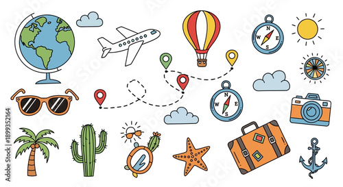 A collection of colorful hand-drawn travel and vacation icons including a globe, airplane, hot air balloon, compass, suitcase, and tropical elements.